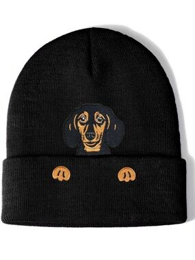 Black Knit Beanie with Dachshund Embroidered Design